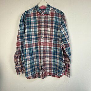 Tommy Bahama Mens Blue Red Linen Plaid Button-Up Shirt Long Sleeve Medium